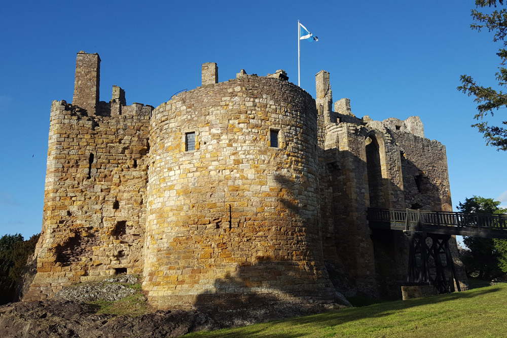 The ruins of Dirleton Castle on a sunny day in East Lothian