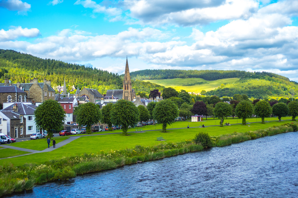 Panorama of Peebles with the river Tweed in Scottish borders, Scotland