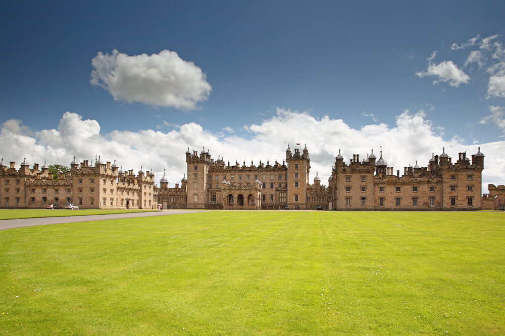 Wide shot of Floors Castle in the Scottish Borders