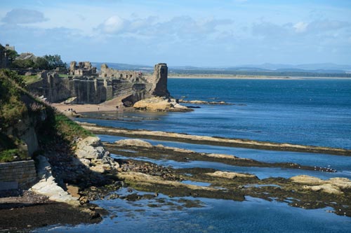 A sunny day at St Andrews castle in Scotland.