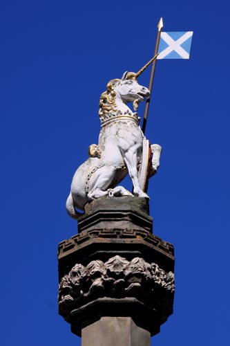 Unicorn statue with saltire flag in Edinburgh