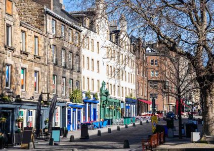 The Grassmarket in Edinburgh with its rows of shops