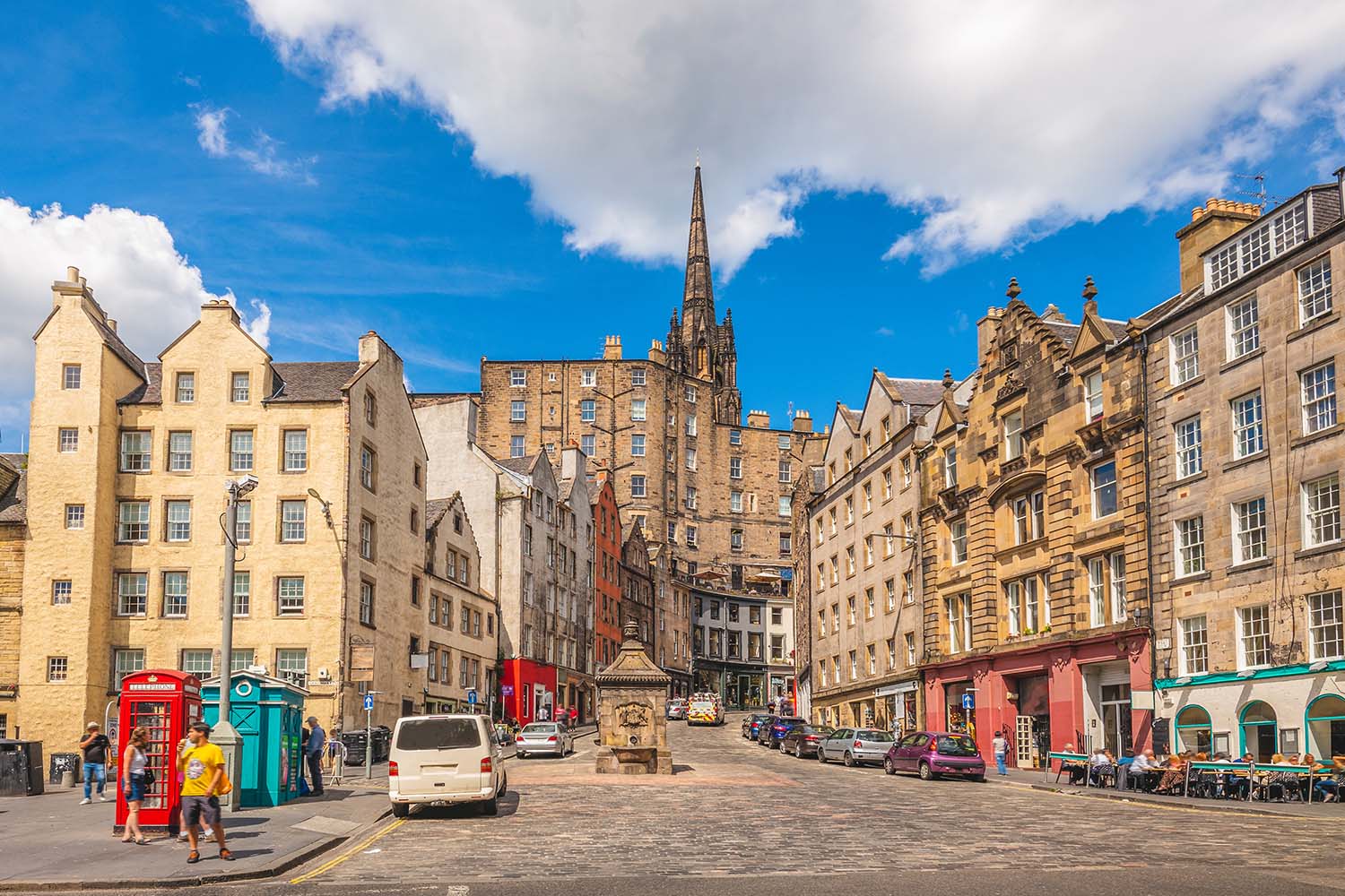 The Grassmarket area in Edinburgh looking up towards the cobbled hill of Victoria Street