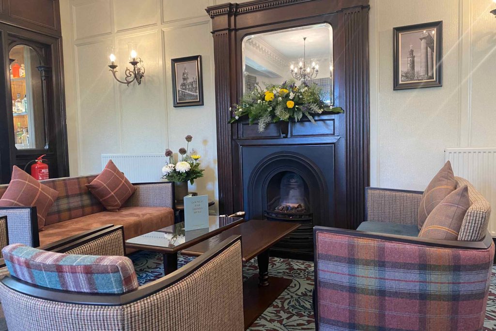 The fireplace in the lounge at Parliament House Hotel in Edinburgh.