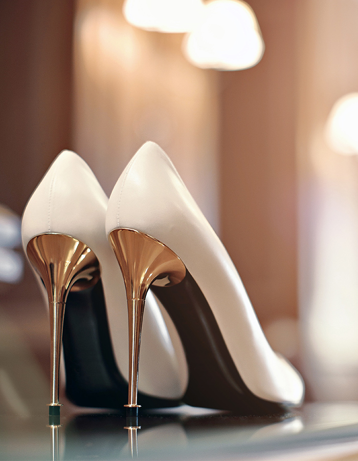 A luxury pair of high heels on display in a high end shop