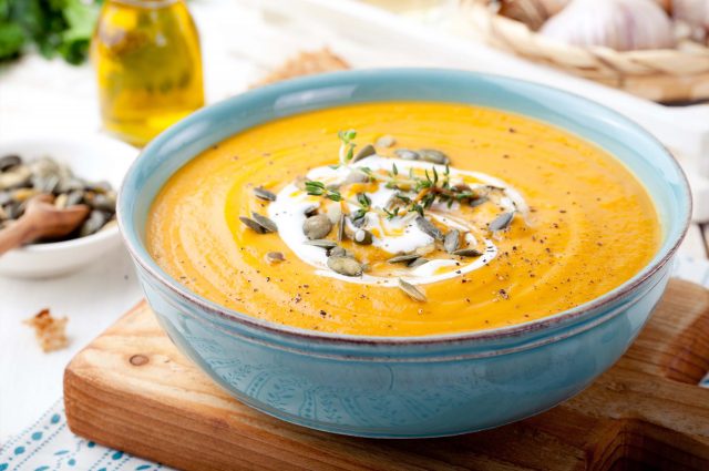 A bowl of hearty pumpkin soup