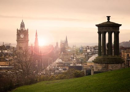 Edinburgh city at sunset on a winters day from Calton Hill