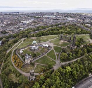 An aerial view of Calton Hill and its monuments and historical buildings