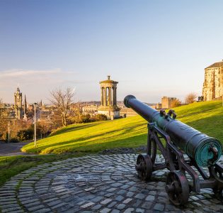 The monuments and a canon on Calton Hill in Edinburgh