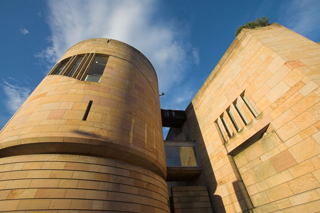 The curved and angled exterior the National Museum of Scotland