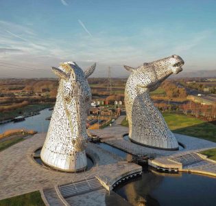 An arial view of the Falkirk Kelpies