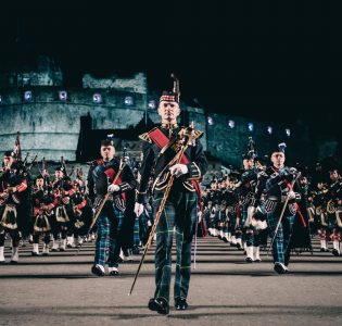The massed Pipes and Drums performing at The Royal Edinburgh Military Tattoo