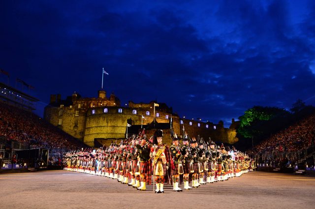 A diamond being formed by the Pipes and Drums at The Royal Edinburgh Military Tattoo