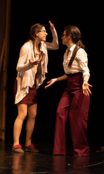 Two actresses delivering a performance on stage