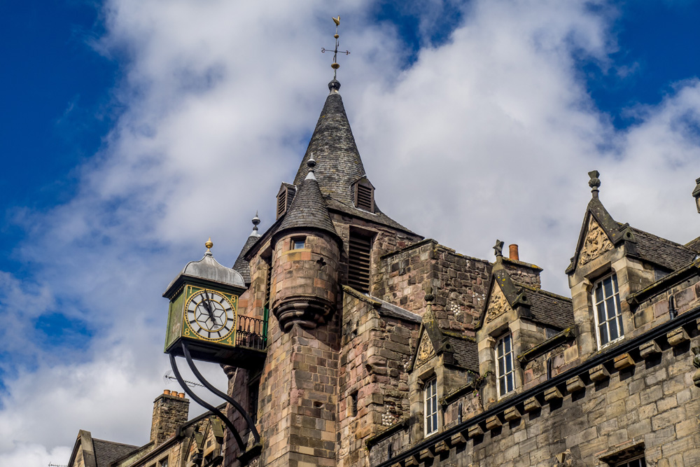 Clock and spire of Canongate Tolbooth on Edinburgh Royal Mile