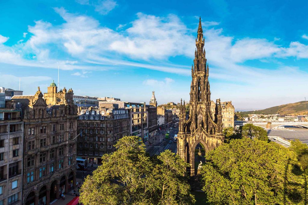 View of the Scott Monument and Princes Street in Edinburgh