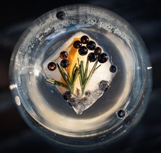 Photograph of a glass of gin from the top with an ice cube containing juniper berries, rosemary and a slice of orange