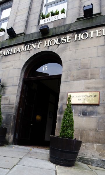 Front door of Parliament House Hotel in Edinburgh