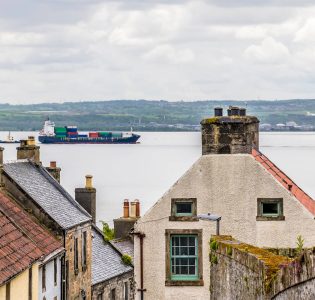 View across the roof tops towards the Firth of Forth at Culross