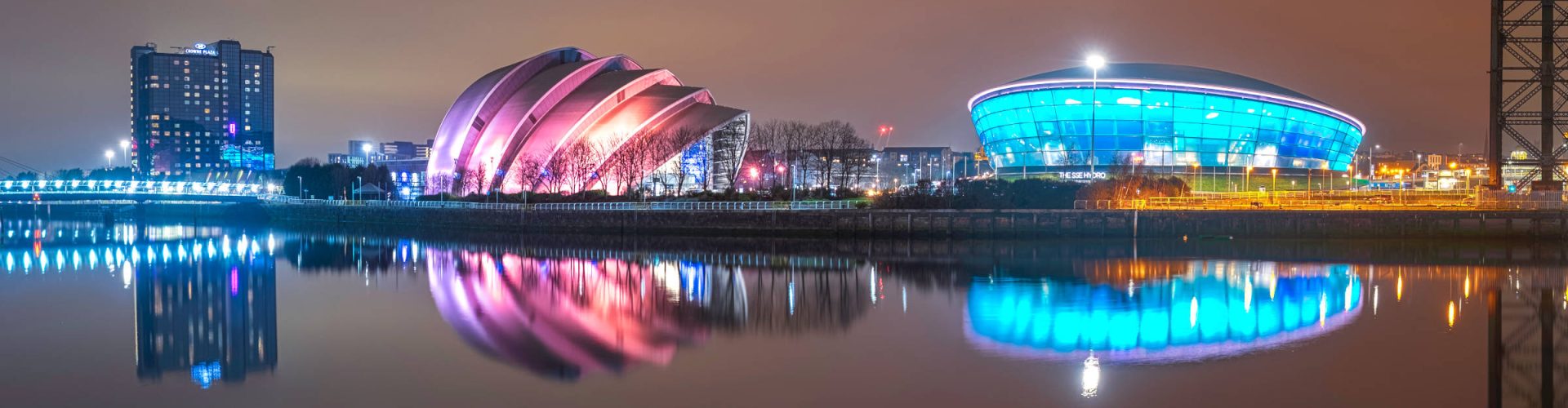 Glasgow Hydro and Armadillo, lit up at night